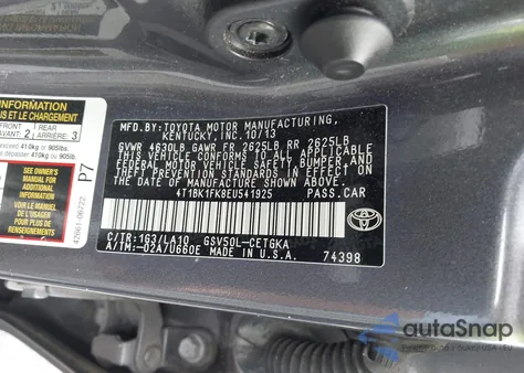 2014 Toyota Camry Xle V6 z USA, uszkodzony, nr VIN 4T1BK1FK8EU541925